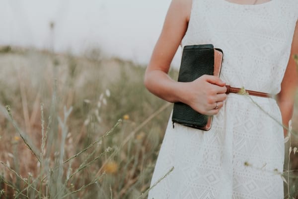 Woman in field holding bible. Has a 1930s feel to the scene.