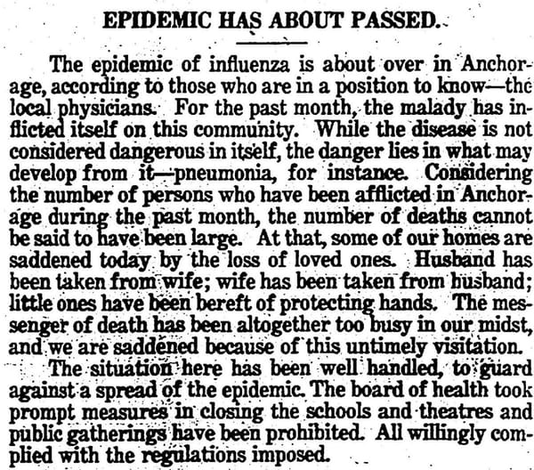 Newspaper article reprint about havoc wreaked by 1918 flu in Alaska.